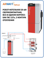 Робот-котельная 020 кВт, бункер пеллет 1 год, круглый год без участия человека, схема 001 ГВС=да, ТА=опц, контуров=2-18 [ARWATT-TPK-P1U-020-001-001]